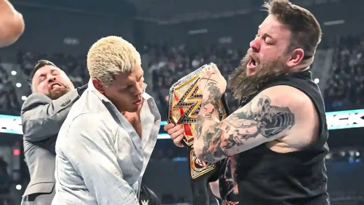 Kevin Owens attacks Cody Rhodes after Saturday Night’s Main Event, steals Winged Eagle title