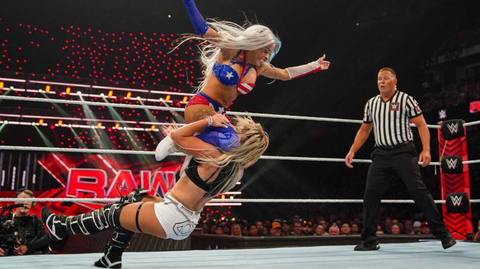 OTTAWA, CANADA - JULY 8: Zelina Vega and Liv Morgan in action during Monday Night RAW at Canadian Tire Centre on July 8, 2024 in Ottawa, Ontario.  (Photo by WWE/Getty Images)